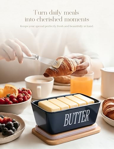 Ceramic Butter Dish with Lid and Knife & Silicone Seal for Countertop Blue (Blue)