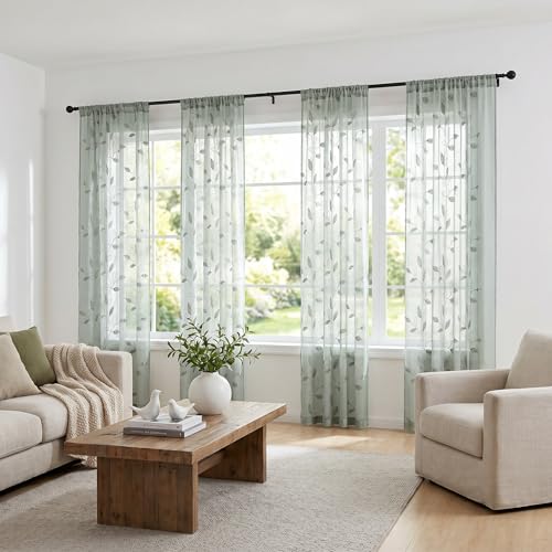 Sage Green Sheer Curtains Leaf Embroidered (52"W x 96"L (Pack of 2) / 1-sage Green)