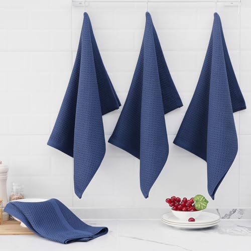 100% Cotton Oversized Waffle Weave Kitchen Towels 4 (Navy Blue / 20 X 28 - 4 Pack)