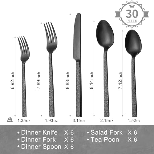 30 Pcs Black Hammered Silverware Set for 6 (Black / 30-Piece)