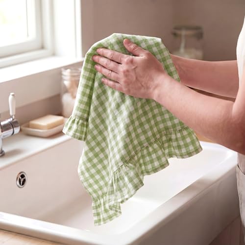2 Pcs Mint Green Gingham Kitchen Towels Cotton Ruffled (Mint Green / Gingham)