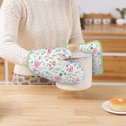 Pink Floral Silicone Oven Mitts Pan Mats Set of 2 (Black7)