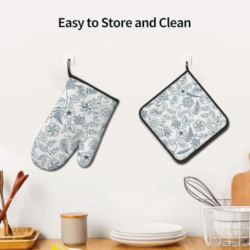 Blue Floral Oven Mitts Set (Vintage Blue White Floral)