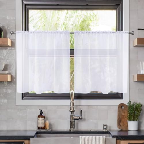 Solid Sheer Rod Pocket Curtain Voile Draperies 2 Panels White Beige Black Ivory Coffee 22 Inch Width 50 Inch Long 1 Pair for Kitchen Bedroom Children Living Room Yard (Optical White / 22"W x 50"L (Pack of 2))