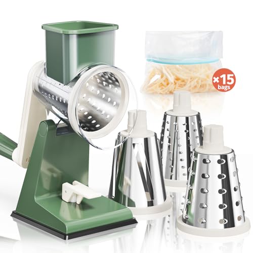 Upgraded Rotary Cheese Grater with 3 Interchangeable Stainless Steel Drums (Olive Green)