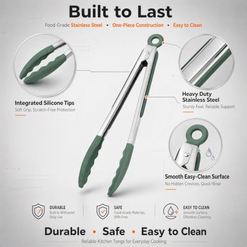 Kitchen Tongs with Silicone Tips (Sage Green)
