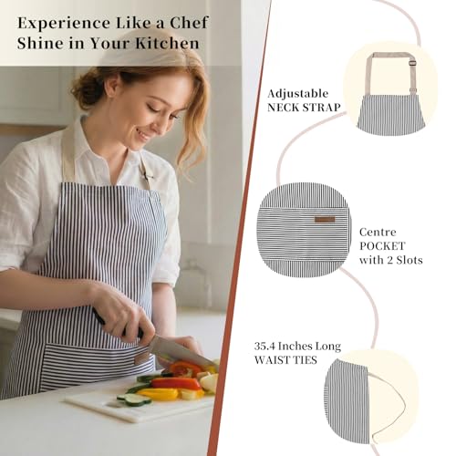 2 Pack Cooking Aprons Adjustable Bib Apron for Women with 2 Pockets (Beige/Black Stripes)