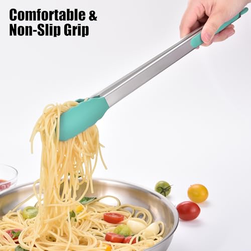Kitchen Tongs with Silicone Tips for Cooking Serving (16in / Aqua Sky)