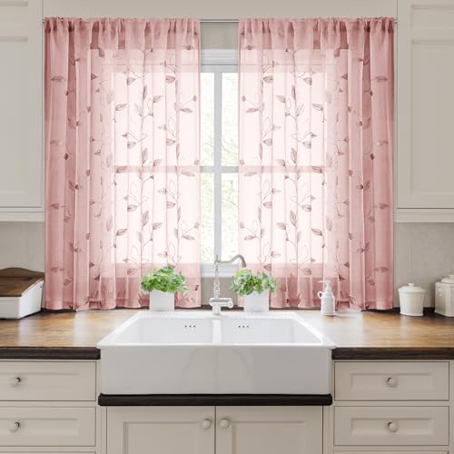 Blush Pink Kitchen Curtains Leaf Embroidered (52"W x 45"L (Pack of 2) / Blush Pink)