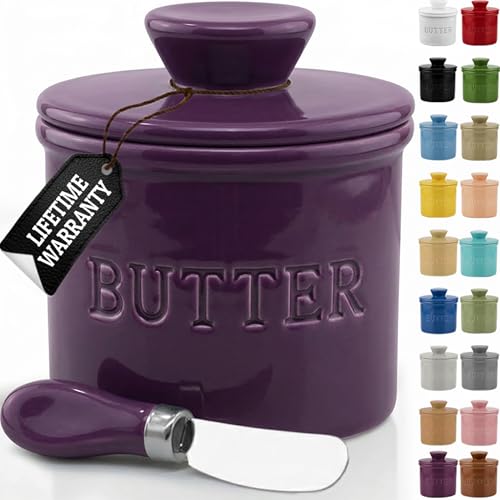 Butter Crock with Lid for Countertop with Spreader Knife and Water Line (Purple / Regular)