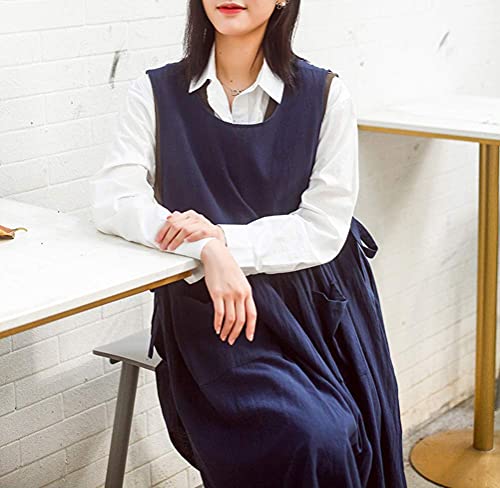 Women Plus Size Cotton Linen Vintage Pleated Split Apron Pinafore Dress with Two Pockets (Navy / 43.4"L)
