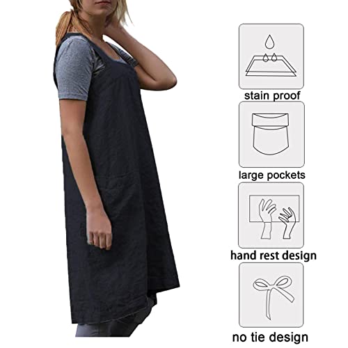 Pinafore Cross Back Apron for Women with Pockets (Medium / Black)