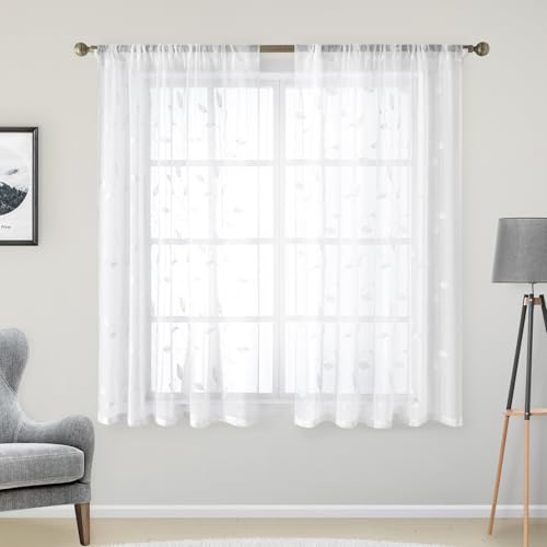 White Sheer Kitchen Curtains 52 x 54 Inch Length 2 Panels Embroidered Leaf Pattern Short Curtains for Bedroom Half Small Window Rod Pocket Tiers (52"W x 54"L (Pack of 2) / 4-white)