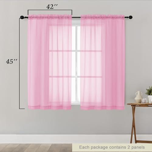 Pink Sheer Curtains for Bedroom Living Room 45 Inch Length 2 Panels (Pink / 42"W x 45"L (Pack of 2))
