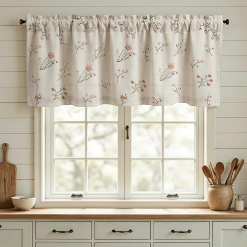 Kitchen Valances for Windows (Flower Embroidery Light Filtering / 52"W x 18"L (Pack of 1))
