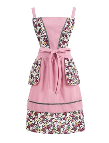 Kitchen Aprons for Women with Pockets Cute Floral Chef Pinafore Apron for Gardening Cooking Baking Painting (Pink)