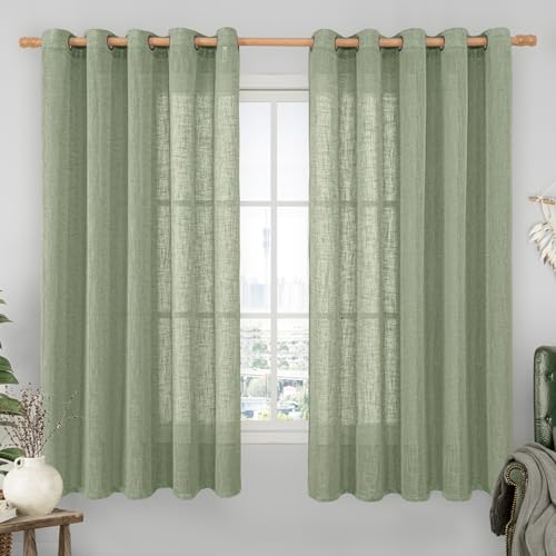 Sheer Linen Curtains 63 inches Long for Bedroom 2 Panels (60"W x 63"L (Pack of 2) / Sage Green)