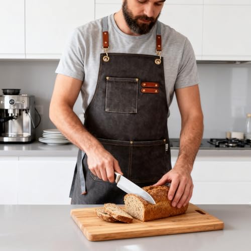 Chef Apron Bib Apron with 2 Large Pockets Adjustable Neck Strap Kitchen Apron Cooking Apron Stripes Baking Apron (Dark Grey-new)