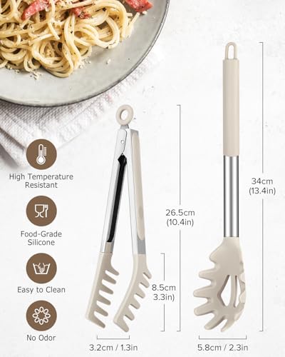 Silicone Spaghetti Spoon and Pasta Tong (Khaki)