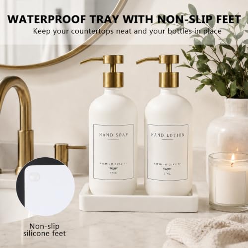 Soap Dispenser Bathroom (White Bottle/Gold Pump + Tray)