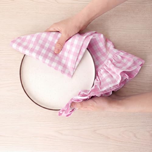 2 Pcs Hot Pink Gingham Kitchen Towels Cotton Ruffled (Hot Pink / Gingham)