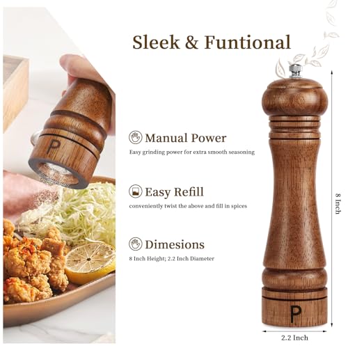 Wooden Salt and Pepper Grinder Set Refillable Salt & Pepper Mills (Brown Oak Wood)