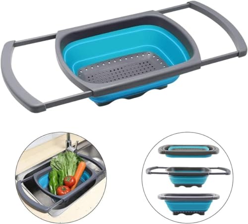 Collapsible Colander Strainer with Extendable Handles (Blue)