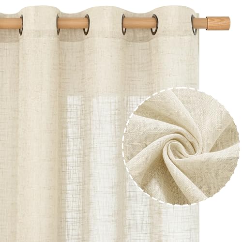 Beige Linen Semi Sheer Curtains 60 Inch Length for Kitchen 2 Panels (34"W x 60"L (Pack of 2) / Beige)