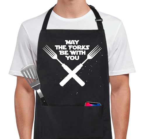 Funny Apron for Men Women 100% Cotton May The Forks Be With You Adjustable Bib Aprons with 2 Pockets Funny Gifts Grilling Grill Kitchen Cooking BBQ Black (May the Forks Be With You)