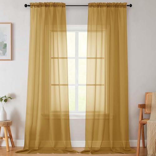 Extra Long Sheer Gold Curtains for Bedroom Living Room 108 Inches Long 2 Panels Set (Gold / 42"W x 108"L (Pack of 2))