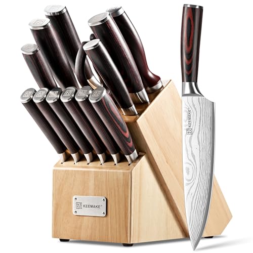 14 Pcs Kitchen Knife Set with Block (Red)