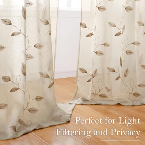 Taupe Sheer Curtains Leaf Embroidered (52"W x 63"L (Pack of 2) / 2-taupe/Beige)