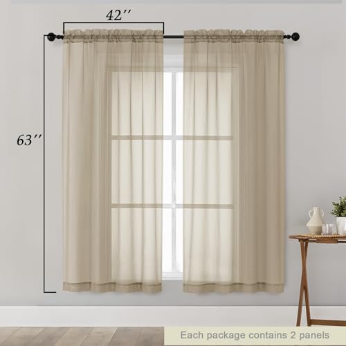 Sheer Taupe Curtains for Bedroom Living Room 63 Inch Length 2 Panels (Taupe / 42"W x 63"L (Pack of 2))