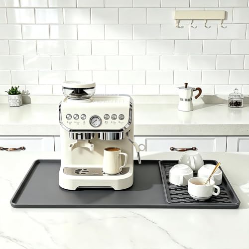 2 in 1 Extra Large 16"x28" Silicone Coffee Bar Mat Accessories Heat Resistant for Espresso Machine with Detachable Dish Drying Rug Waterproof Kitchen Office House Home Cafetera Must Have (Gray / 28" x 16")
