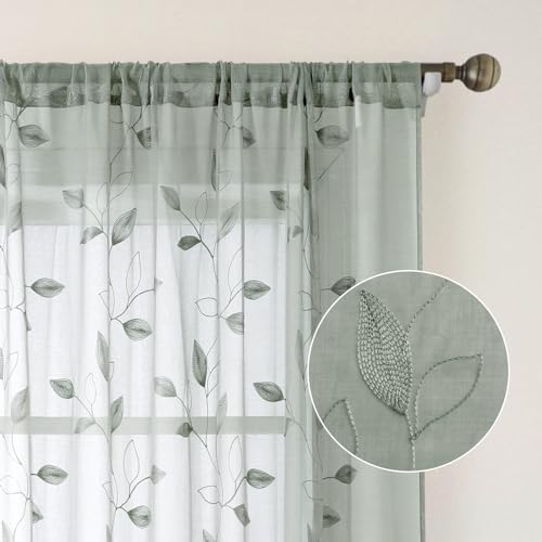 Sage Green Sheer Curtains Leaf Embroidered (52"W x 63"L (Pack of 2) / 1-sage Green)
