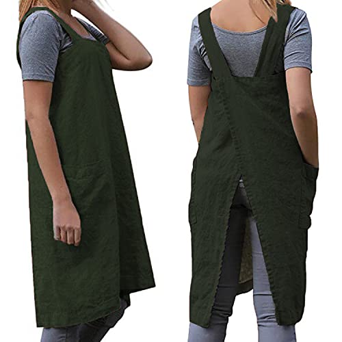 Cotton Linen Apron Cross Back Apron for Women with Big Pockets Square Pinafore Dress for Baking Cooking BBQ & Grill AmyGreen M (Amy Green / Medium)