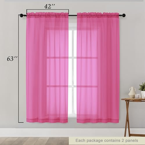 Hot Pink Sheer Curtains 63 Inch Length 2 Panels Set for Living Room Bedroom (Hot Pink / 42"W x 63"L (Pack of 2))