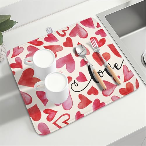 Valentine's Day Red and Pink Heart Dish Drying Mat 16x18 Inch (Heart Pink / 16" x 18")