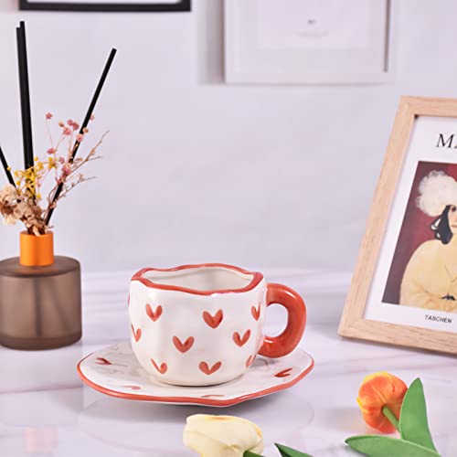 10oz Irregular Ceramic Mug With Saucer (Red Heart)