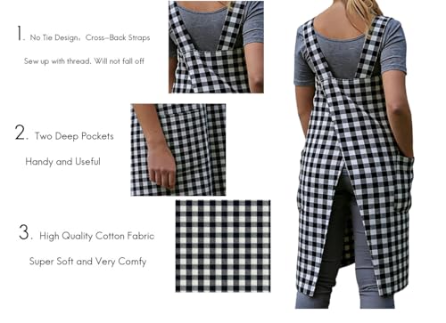 Women's Pinafore Square Apron Baking Cooking Gardening Works Cross Back Cotton (Small / Plaid-black)