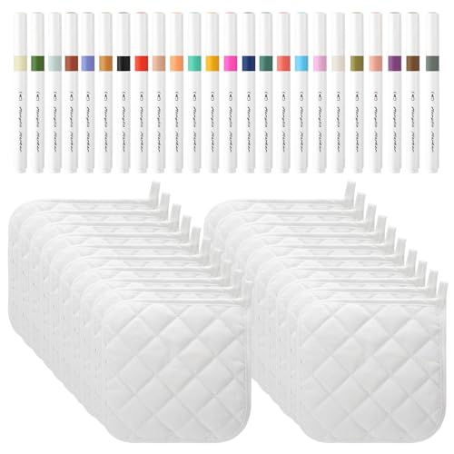 40 Pcs Pot Holder Bulk for Craft Set Including 16 White Pot Holders Oven Mitts Pack with 24 Makers Cooking Baking DIY Activities Kitchen Accessories