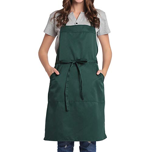 Adjustable Bib Apron with Pocket Extra Long Ties for Women Men (Dark Green)