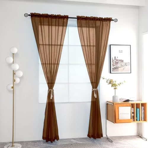 Solid Sheer Rod Pocket Curtain Voile Draperies 2 Panels White Beige Black Ivory Coffee 26 Inch Width 30 Inch Long 1 Pair for Kitchen Bedroom Children Living Room Yard (Brown / 26"W x 30"L (Pack of 2))
