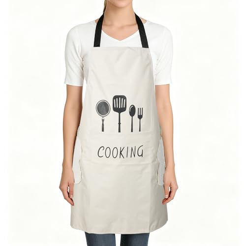 Women Kitchen Apron with Hand Wipe Pockets (White + White)