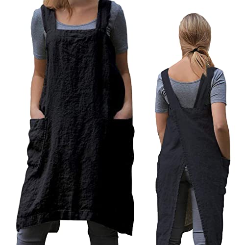 Pinafore Cross Back Apron for Women with Pockets (Medium / Black)