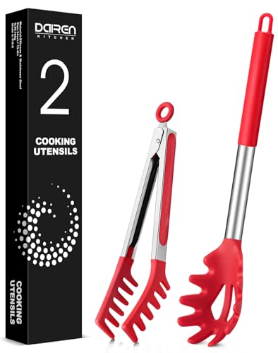 Silicone Spaghetti Spoon and Pasta Tong (Red)