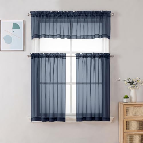 Sheer Window Valance Curtains (Navy Blue / 42"W x 14"L (Pack of 2))
