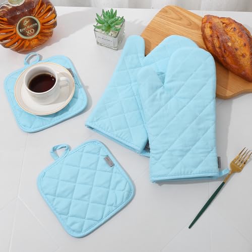 Oven Mitts and Pot Holders 4 pcs Set (Cotton-light Blue)