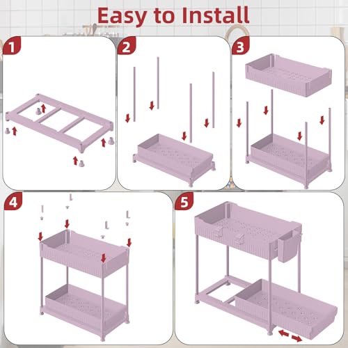 4-Pack 2-Tier Under Sink Organizer with Pull Out Drawers (Pink / 12.8 Inch)