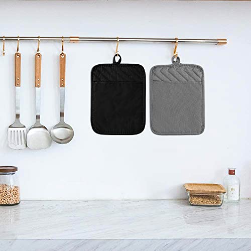 5Pack Pot Holders for Kitchen Heat Resistant Cotton Potholder Multipurpose Hot Pad Machine Washable Oven Mitts with Pocket Potholders for Baking and Cooking 8.9 x 6.9 in Gray Black (Black&gray)